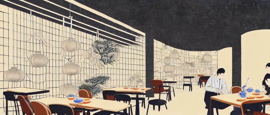 Image similar to a beautiful interior view illustration of a small roasted string hotpot restaurant in yan'an city, wall corner, chinese mountain architecture, restaurant wall paper is tower amd mountain, rectangle white porcelain table, people are eating, black chair, animation illustrative style, from china, simple style structure decoration design, victo ngai, james jean, 4 k hd