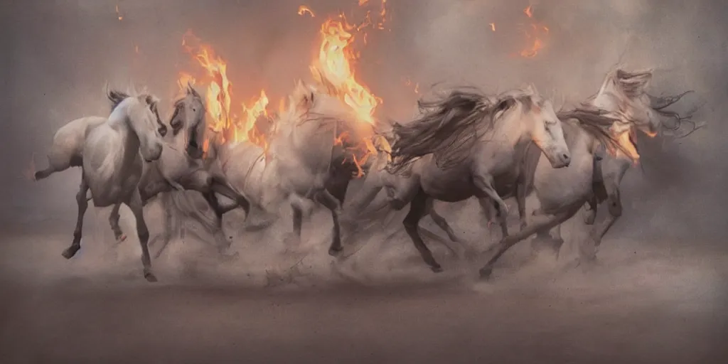 Prompt: A polaroid photo of white horses running from a carousel on fire, big flames, smoke, dirt, eerie ambient, low light, wide angle, detailed,by Ruan Jia and Mandy Jurgens and Artgerm and William-Adolphe Bouguerea