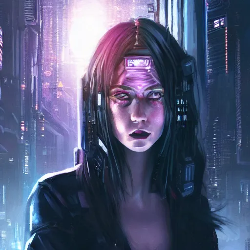 Image similar to molly millions, closeup portrait of a young beautiful cyberpunk woman, mirror eye implants, black hair in a rough shag, sunset, neuromancer, street samurai, cyberpunk city background, megacity, gorgeous view, depth, painted by seb mckinnon, high detail, digital art, painted by greg rutkowski, trending on artstation