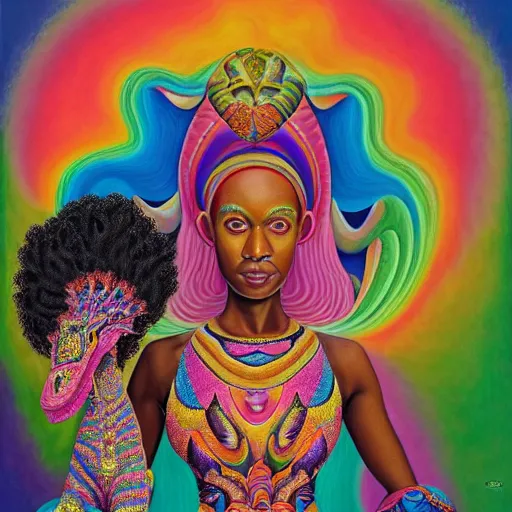 Image similar to a regal and heroic african queen with a colorful afro and her pet dragon sitting in a cabana near a larg near a pink river with a large glowing baobab tree, by amanda sage and alex grey and evgeni gordiets in a surreal psychedelic style, symmetrical, detailed eyes, oil on canvas 8k, hd