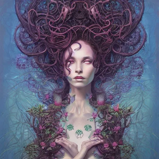 Image similar to a beautiful detailed front view portrait of a woman with ornate growing around, ornamentation, flowers, elegant, beautifully lit, by wayne barlowe, peter mohrbacher, kelly mckernan,