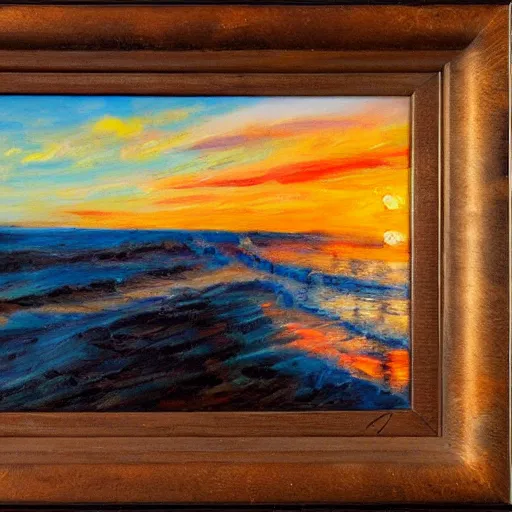 Image similar to sunset over a wooden cabin on the coast in the distance, sea, oil painting, very detailed, colorful