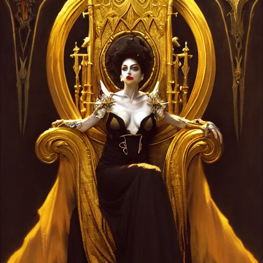 Image similar to full body portrait of beautiful vampire queen in gold gothic robes sitting on a throne of bones, elegant, highly detailed painting by gaston bussiere, craig mullins, j. c. leyendecker, 8 k, mid shot