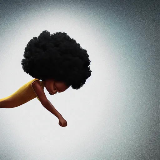 Prompt: a black girl with an afro flying on a bubble, digital art, trending on artstation, extremely detailed.