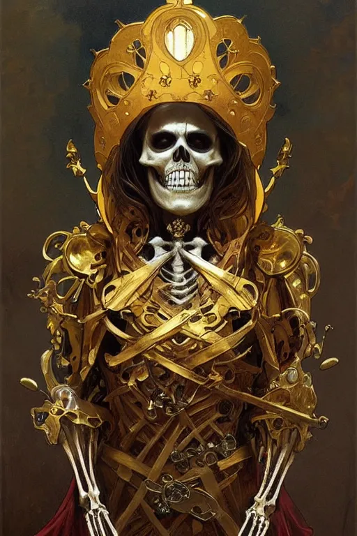 Image similar to A skeleton wearing golden mask, fantasy, crown, painting by greg rutkowski and alphonse mucha