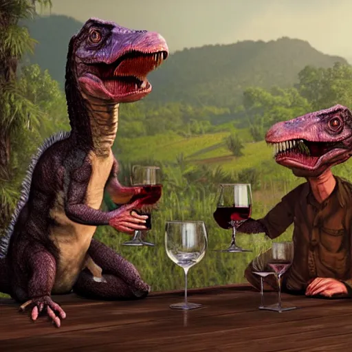 Prompt: realistic octane render of two jurassic park velociraptors toasting glass of wine, wide shot painting by rutkowsky cgsociety artstation deviantart