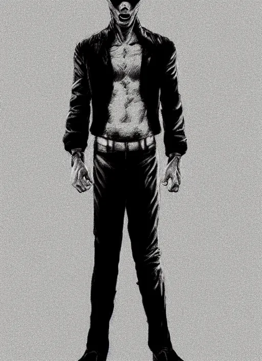 Image similar to aesthetic digital illustration of a solitary handsome young killer standing in an empty white room by brian bolland, rachel birkett, alex ross, and neal adams | sinister, dangerous, character concept, concept art, unreal engine, finalrender, centered, deviantart, artgerm