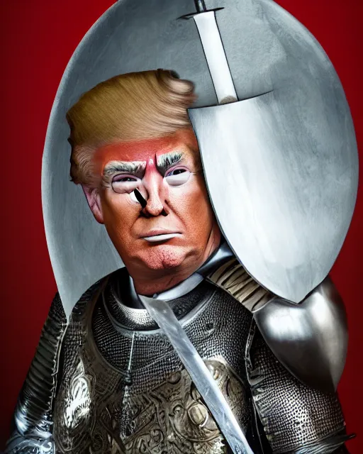 Image similar to a photo of donald trump dressed as a medieval knight. he's holding a longsword. medium shot portrait. dslr photography