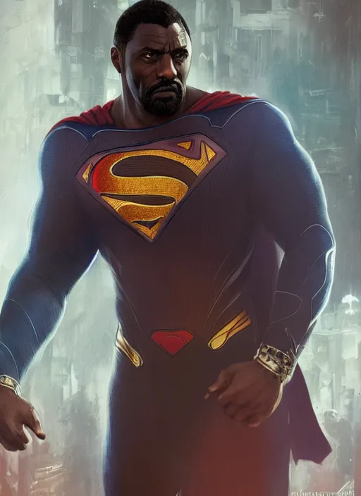 Image similar to Idris Elba as Superman, fantasy, intricate, elegant, highly detailed, digital painting, artstation, concept art, smooth, sharp focus, illustration, art by artgerm and greg rutkowski and alphonse mucha