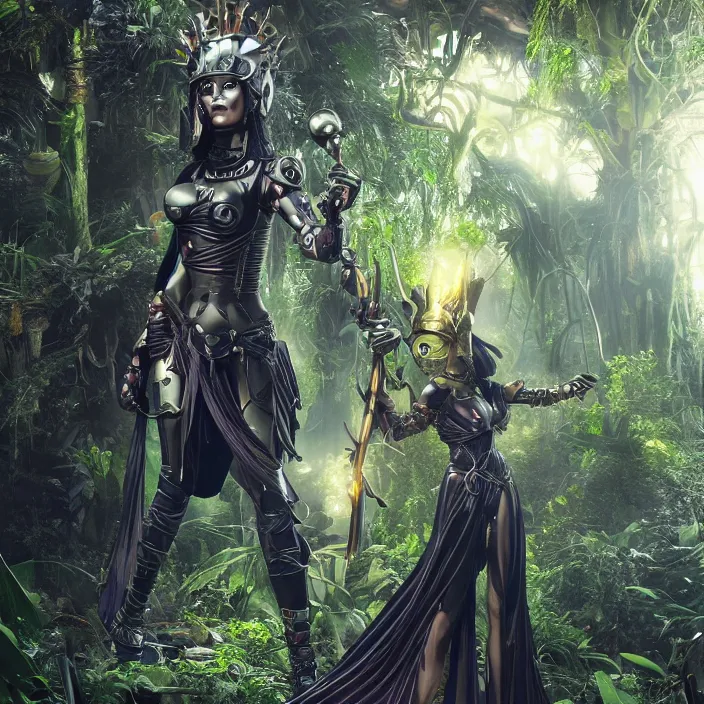 Image similar to mystical evil android queen with obsidian eyes, wearing an elaborate helmet, in a jungle, octane render, 8 k, unreal engine, by todd mcfarlane and artgerm and greg rutkowski and alphonse mucha