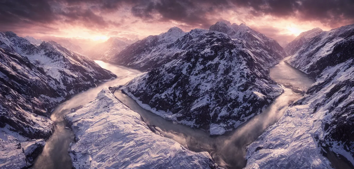 Image similar to amazing landscape photo of snowy mountains with river in sunset by max rive, beautiful dramatic lighting