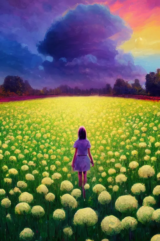 Image similar to giant white flower head, girl walking in a flower field, surreal photography, sunrise, dramatic light, impressionist painting, colorful clouds, digital painting, artstation, simon stalenhag