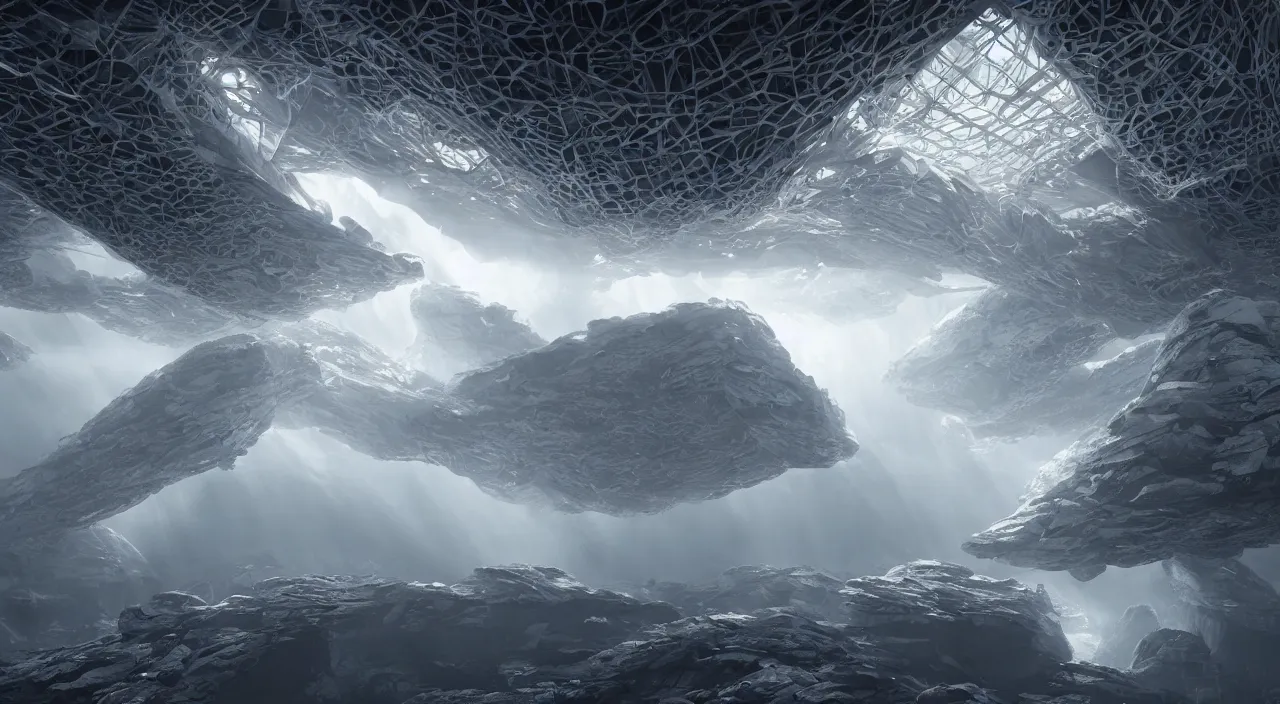 Prompt: a massive parametric cellular tectonic organic biological crystallographic bridging megastructure architecture, by glenn small, by albert bierstadt, by sparth, hyper realistic, zaha hadid, god rays, volumetric lighting, detailed, extremely intricate, raytrace, octane, light fog, keyshot