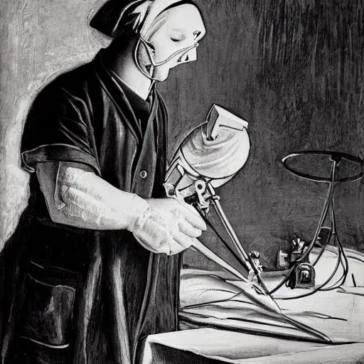 Image similar to doctor performing surgery on a rocket, monochrome painting