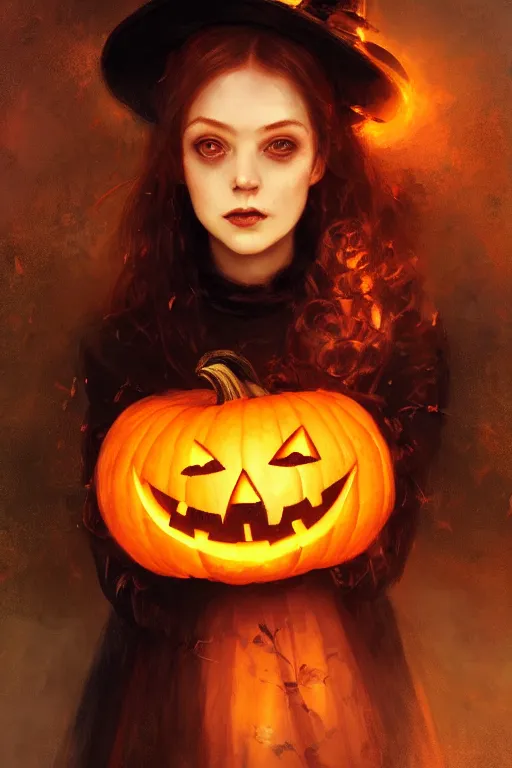 Image similar to portrait of a beautiful victorian witch holding a jack - o - lantern, halloween night, charlie bowater, artgerm, ilya kuvshinov, krenz cushart, ruan jia, realism, ultra detailed, 8 k resolution