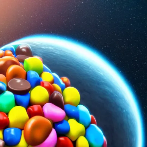 Image similar to a realistic planet made of candy with sea of milk and chocolate mountains, super realistic, unreal engine, octane render, 8 k