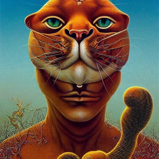 Image similar to a cat having an ego trip, by alex grey, by Esao Andrews and Karol Bak and Zdzislaw Beksinski and Zdzisław Beksiński, trending on ArtStation