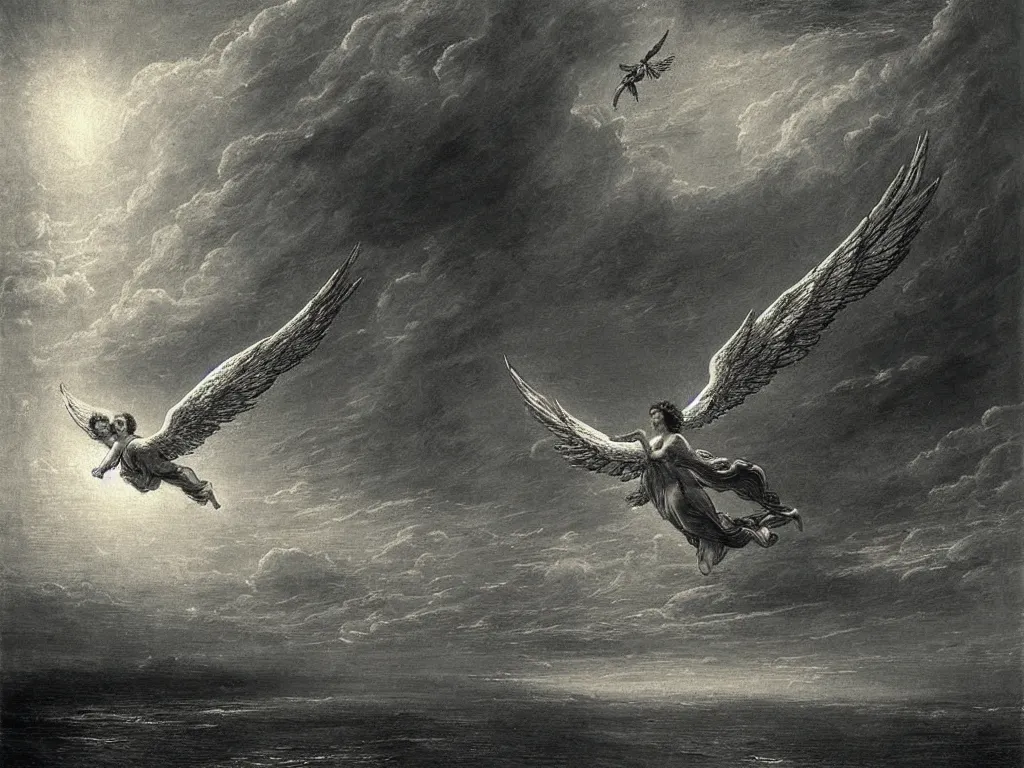 Prompt: seraphim angel in the sky flying on the sea painted by gustave dore