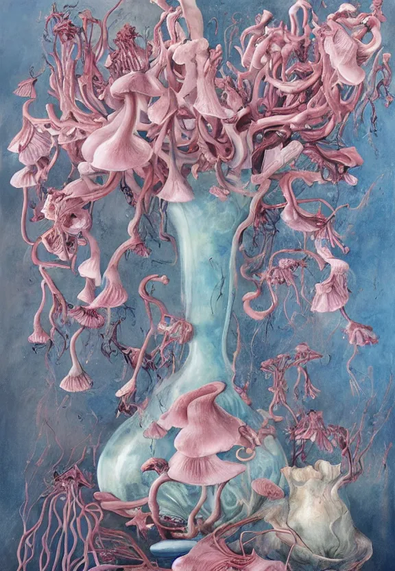 Image similar to a biomorphic painting of a vase with flowers and eyeballs in it, a surrealist painting by marco mazzoni, by dorothea tanning, pastel blues and pinks, pink oyster mushrooms, bees, featured on artstation, metaphysical painting, oil on canvas, fluid acrylic pour art, airbrush art, seapunk, rococo, lovecraftian