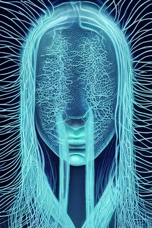 Image similar to dark underwater portrait of a Bioluminescent woman, with reaction diffusion semi-transparent skin. face closeup. long intricate dark hair, with jellyfish. very high detail, illustration, by alex grey