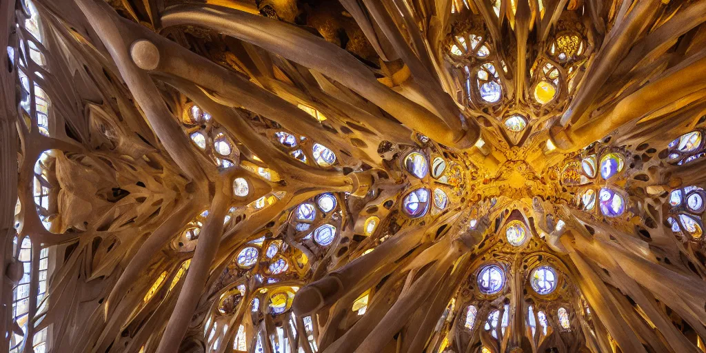 Image similar to sculpted Sagrada Familia ceiling by Antoni Gaudi, symmetrical, volumetric light