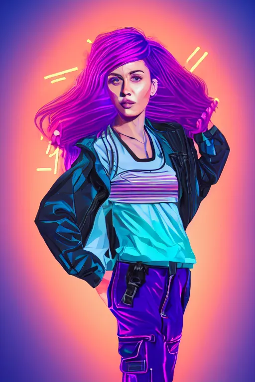 Prompt: a award winning half body portrait of a beautiful woman in a croptop and cargo pants with ombre purple pink teal hairstyle and hands in pockets by ari liloan, surrounded by whirling illuminated lines, outrun, vaporware, shaded flat illustration, digital art, trending on artstation, highly detailed, fine detail, intricate