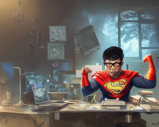 Image similar to an insanely detailed painting of a nerdy asian man wearing a superhero costume, sitting at a desk, staring at the nervously at the computer and typing, in the style of peter mohrbacher, dramatic lighting and composition, octane render, pixar, trending on artstation, concept art, comic book, view from behind