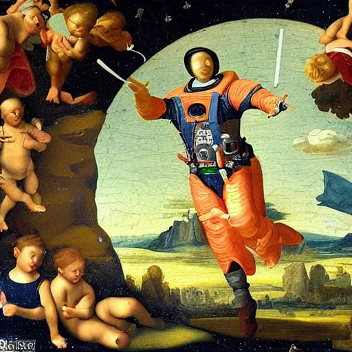 Image similar to an astronaut floating in space, in the style of a renaissance painting