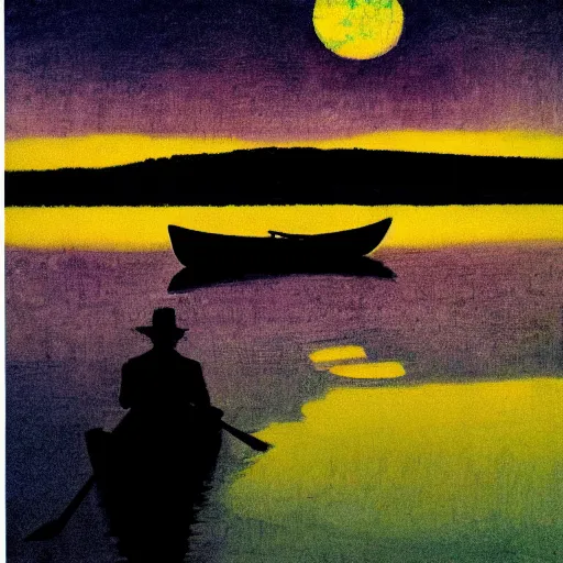 Image similar to silhouette of a man standing in a rowboat, lake, whisps of fog, moonlit night, by peter doig