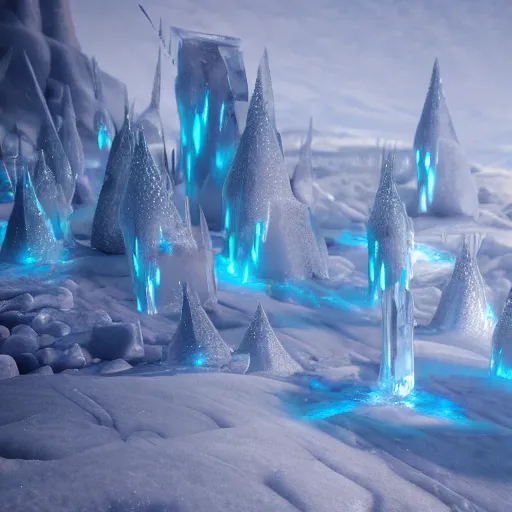 Image similar to ice spikes are summoned from the ground by magic, knights are impaled by ice spikes, octane render, unreal engine