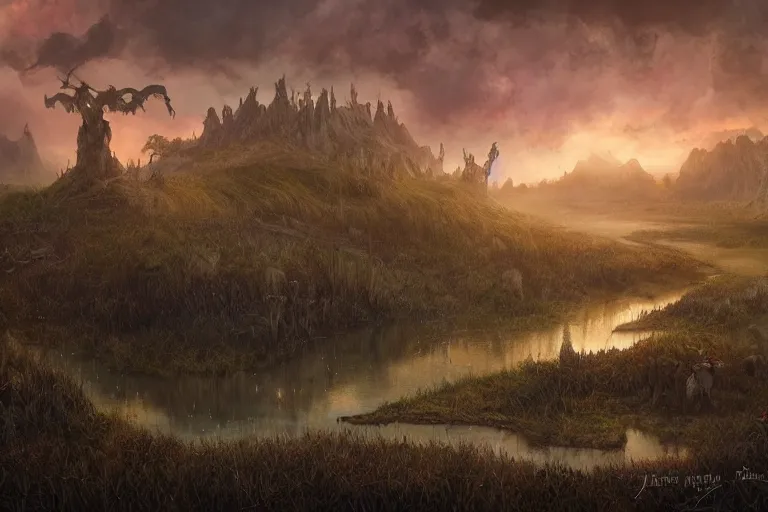 Prompt: high aerial cinematic fantasy painting, dungeons and dragons, a faerie village hovels, swamp reeds wetland marsh estuary, with sunset lighting ominous shadows by jessica rossier and brian froud cinematic painting