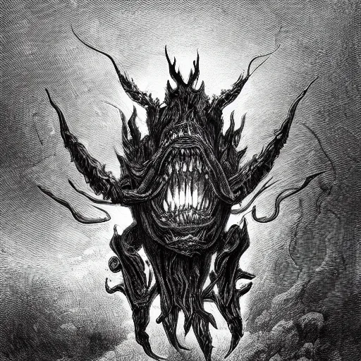 Prompt: full body grayscale drawing by Gustave Dore and Anato Finnstark of horned muscled humanoid beast, 3/4 view from below, engulfed in swirling flames