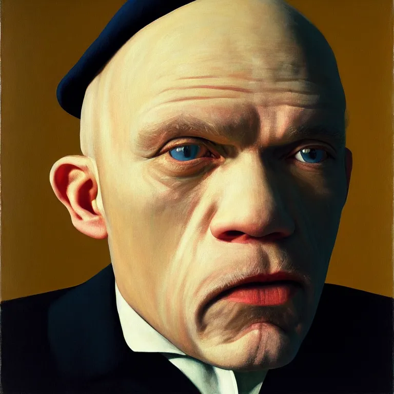 Image similar to John Malkovich as John Malkovich as he paints John Malkovich, by Rene Magritte and Edward Hopper, soft lighting, serene, 8k