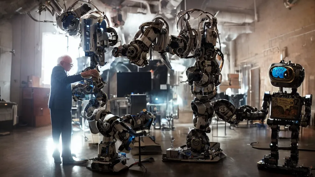 Image similar to bernie sanders putting the finishing touches on a ( ( cute ) ) clockwork doomsday robot, cinematic moody lighting, sharp focus, imax