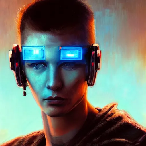 Image similar to cyberpunk, armitage, closeup portrait of a cute fluffy caracal and light blue eyes, brown buzzcut, cyborg, dramatic light, city background, sunset, dystopian setting, high contrast, sharp, neuromancer, painted by stanley lau, painted by greg rutkowski, painted by stanley artgerm, digital art, trending on artstation