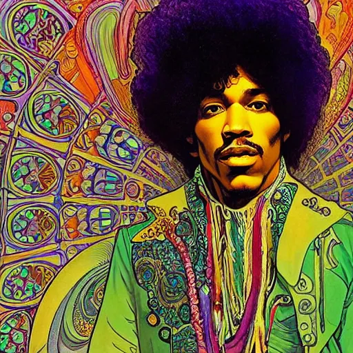 Image similar to colorfull artwork by Franklin Booth and Alphonse Mucha showing a portrait of Jimi Hendrix as a futuristic space shaman