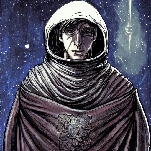 Image similar to tall thin gray - skinned brooding space elf nobleman in ornate hooded long dark cloak, on space station, highly detailed, mike mignogna, comic book, science fiction, dark tones, dark, rough paper, oil painting