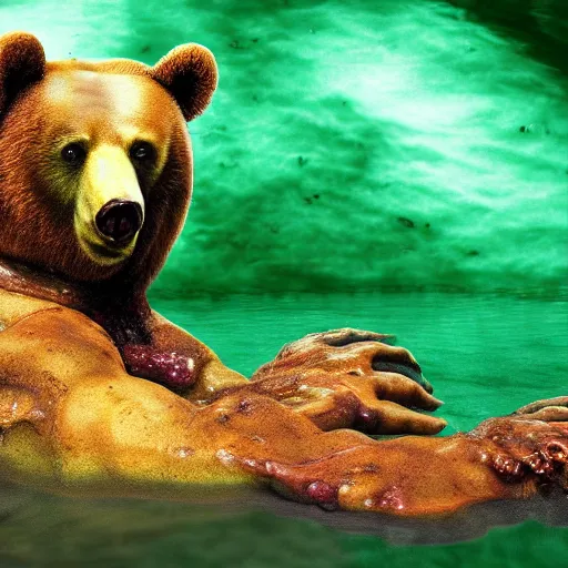 Image similar to zombie bear swimming in a toxic green pool of liquid, photo image by national geographic + realistic horror