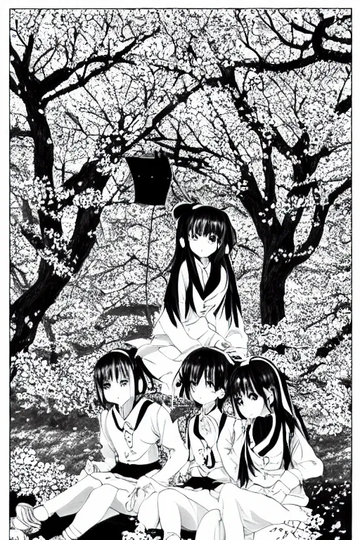 Image similar to black and white manga page, highly detailed pen, shoujo romance, two girls, first girl with long dark hair, second girl with short light hair, sailor uniform, sitting on bench, cherry blossom tree in background with petals floating, drawn by Atsushi Ohkubo