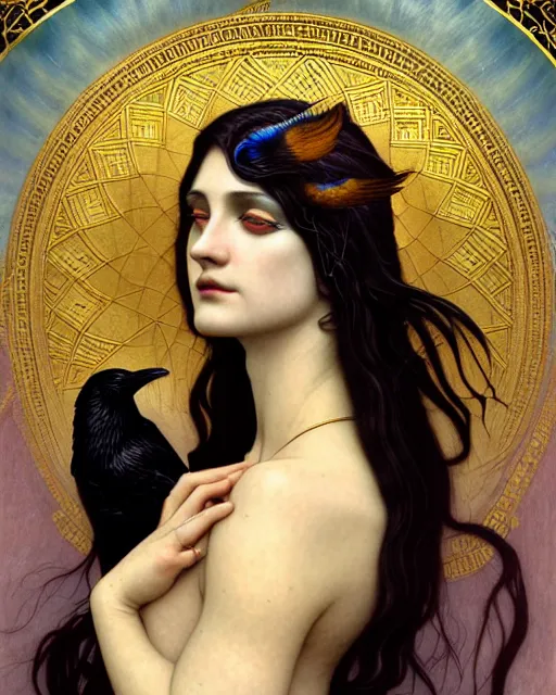 Image similar to goddess of ravens, unusual beauty, emotionally evoking symbolic metaphors, head in focus, fantasy, ornamental, intricate, elegant, sensual, highly detailed digital painting, artstation, concept art, painterly, golden ratio, sharp focus, illustration, art by John Collier and Krenz Cushart and Artem Demura and Rafael and Alphonse Mucha and Albert Aublet