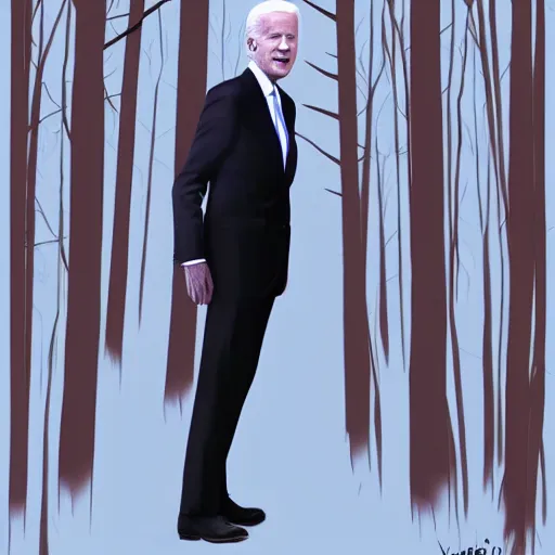 Image similar to slenderman joe biden in dark forest, digital art