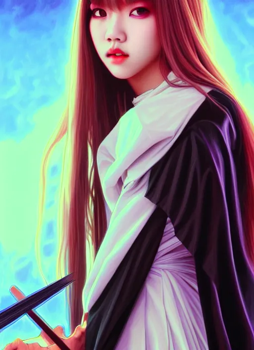 Image similar to lalisa manoban of blackpink, grim reaper costume, tarot card, highly detailed, digital painting, smooth, sharp focus, illustration, ultra realistic, 8 k, art by artgerm and alphonse mucha