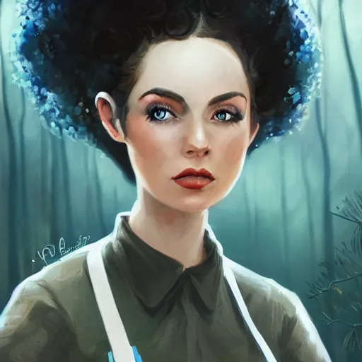 Image similar to a portrait of a 1 9 6 0 s woman with curly black hair and blue eyes, and an apron in the forest, dynamic lighting, fantasy concept art, trending on art station, stunning visuals, cinematic, ultra detailed