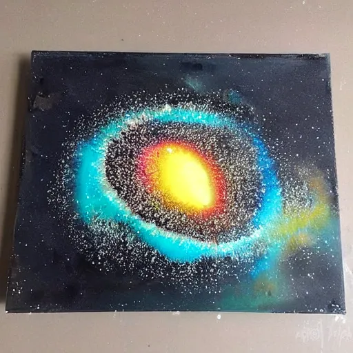 Prompt: An acrylic paint pour that looks similar to a black hole consuming a galaxy