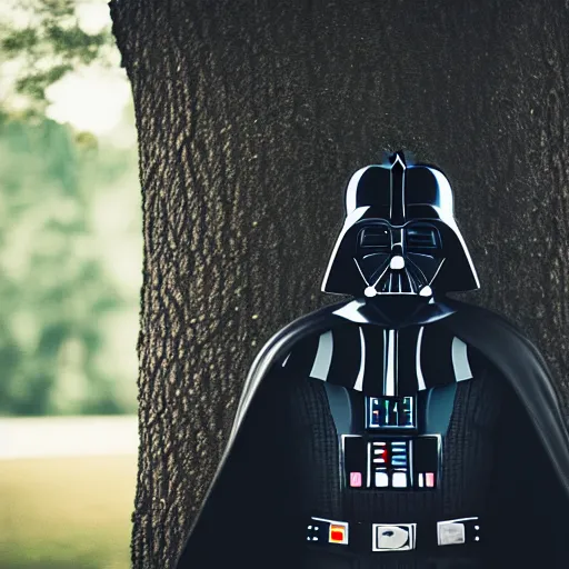 Prompt: high quality photo of darth vader hiding behind a tree, photography 4k, f1.8 anamorphic, bokeh, 4k, Canon, Nikon