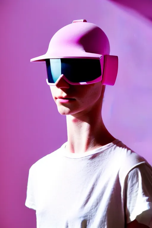 Prompt: a high definition film photograph of a normal androgynous robot human wearing a plain white t - shirt, in a pastel pink room. happy. visor covering eyes. crushed shadows.