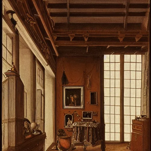 Prompt: very detailed interior of a building, bedroom of an artist in the style of Gregorius Sickinger (1558–1631), Swiss painter, draftsman and engraver