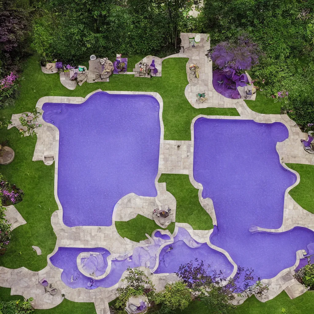 Prompt: suburban backyard with a pool of purple water, photograph by gregory crewdson