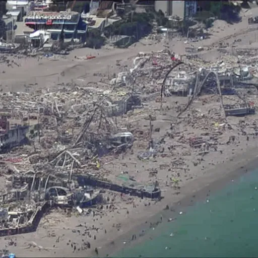 Image similar to santa monica pier completely destroyed, helicopter coverage, photo from above, news coverage, sadness, cnn news