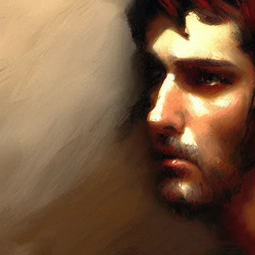 Prompt: A handsome emo guy, close-up painting by Gaston Bussiere, Craig Mullins